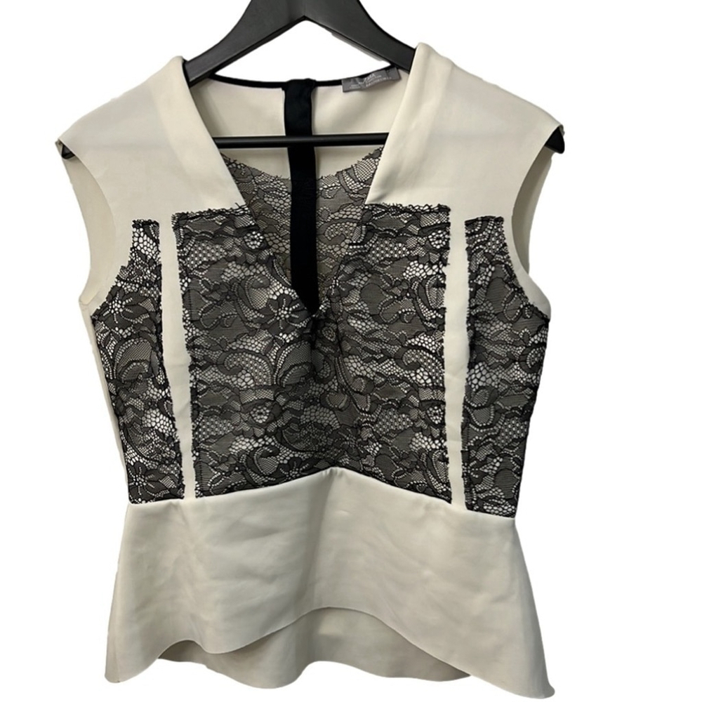 Zara White Peplum Neoprene GT Top with Black Lace Overlay